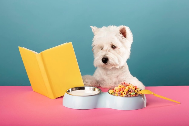 Pies w okularach czyta książkę i zjada na śniadanie płatki kukurydziane i mleko Poranny pies West Highland White Terrier