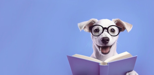 Pies w okularach czyta książkę na niebieskim tle z miejscem na tekst. Sztandar, miejsce. Zdjęcie wysokiej jakości