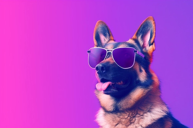 Pies w okularach przeciwsłonecznych i fioletowym tle