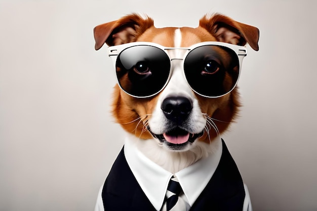 Pies w okularach przeciwsłonecznych i koszulce z napisem „pies”