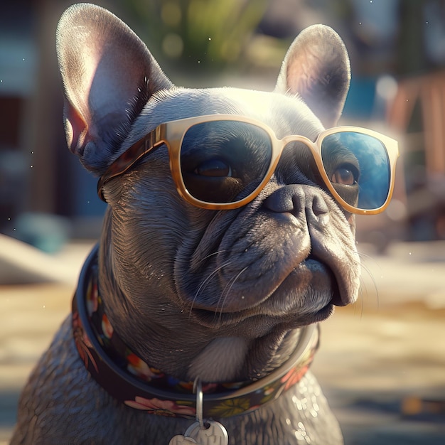 Pies w okularach przeciwsłonecznych i naszyjniku z napisem „Kocham francuski”.