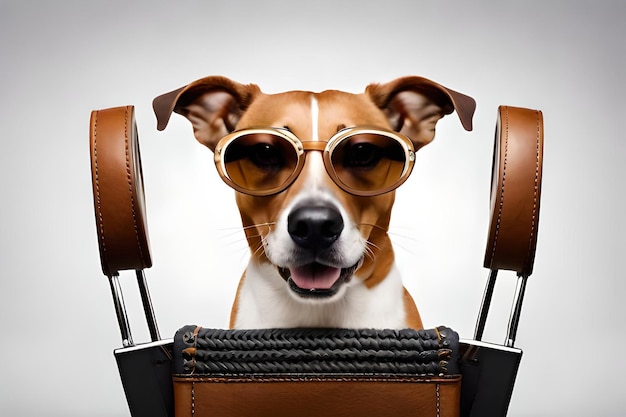 Pies w okularach przeciwsłonecznych i para skórzanych krzeseł.