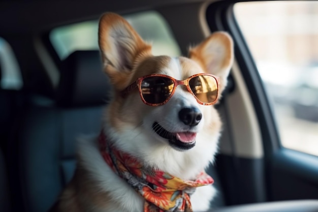 Pies w okularach przeciwsłonecznych i szaliku siedzi w samochodzie z napisem corgi.