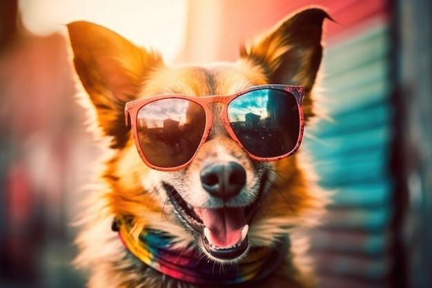 Pies w okularach przeciwsłonecznych i szaliku z napisem „Kocham psy”