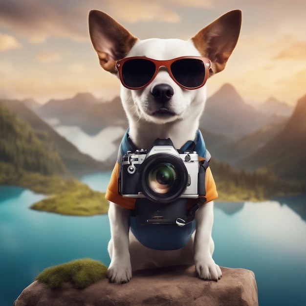 Pies w okularach przeciwsłonecznych jako szczęśliwy turysta pozujący