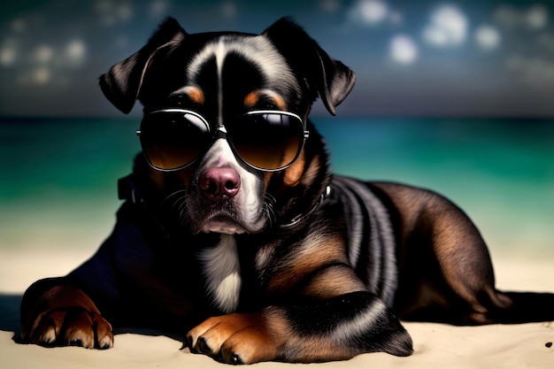 Pies w okularach przeciwsłonecznych leżący na plaży