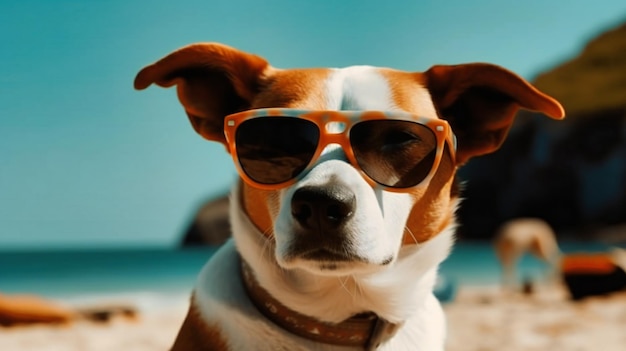 Pies w okularach przeciwsłonecznych na plaży