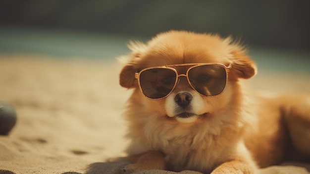 Pies w okularach przeciwsłonecznych na plaży