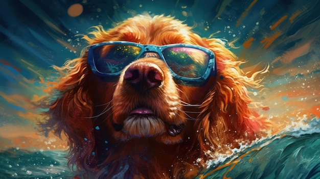 Pies w okularach przeciwsłonecznych na tle wody i słowa „pies”