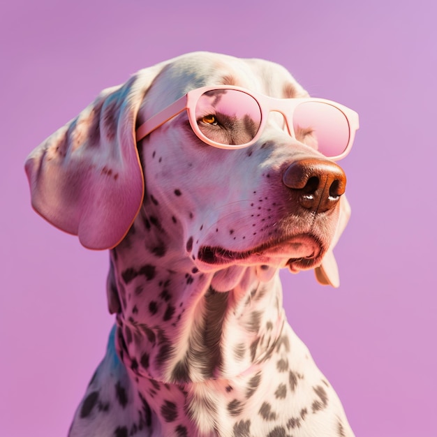 Pies w okularach przeciwsłonecznych portret na modnym różowym tle