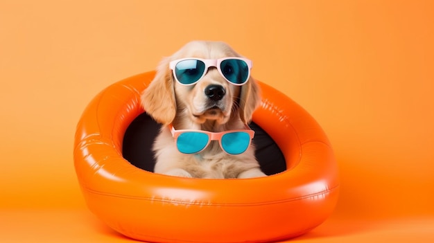 Pies w okularach przeciwsłonecznych siedzi w nadmuchiwanym pierścieniu.