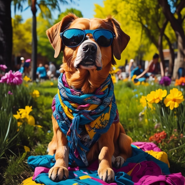 Pies w okularach przeciwsłonecznych w parku Pies w chustce siedzi na kwiatowym łóżku