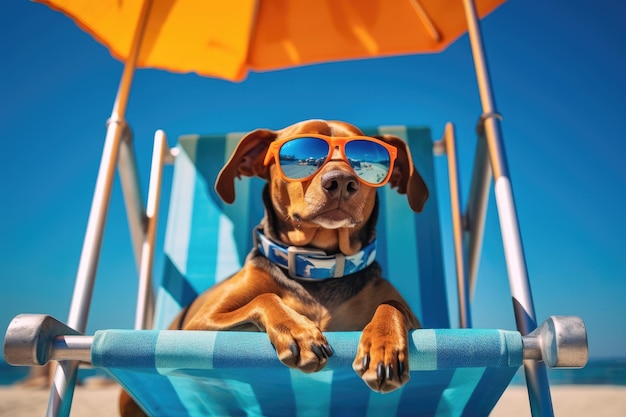 Pies w okularach przeciwsłonecznych wciela się w człowieka na wakacjach.