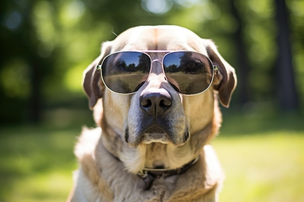 Pies w okularach przeciwsłonecznych wciela się w człowieka na wakacjach.