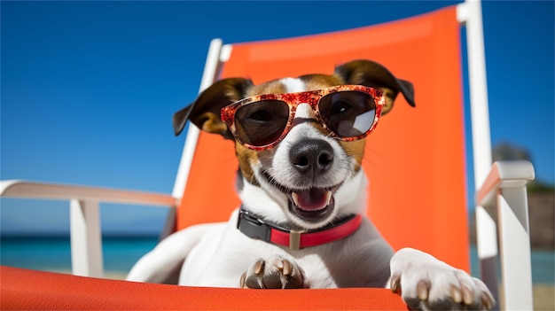 Pies w okularach przeciwsłonecznych z napisem pies