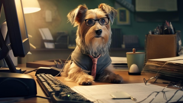 Pies w okularach siedzi przy biurku z komputerem