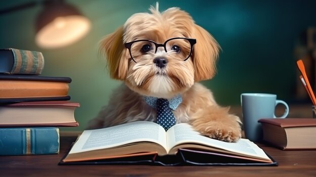 Zdjęcie pies w okularach siedzi przy stole z książką w bibliotece zdjęcie wysokiej jakości