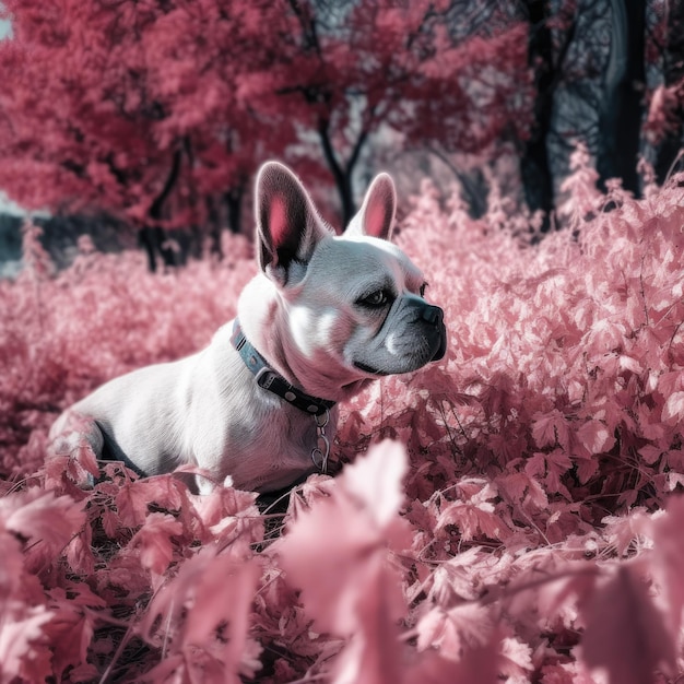 Pies w polu kwiatów o imieniu buldog francuski