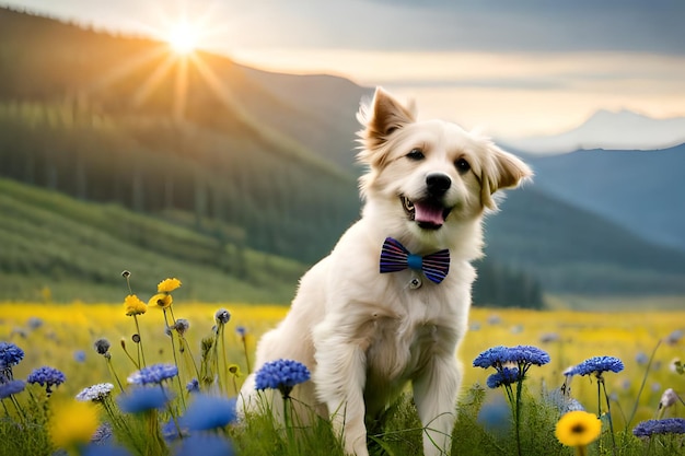 Pies w polu kwiatów ze słońcem za nim