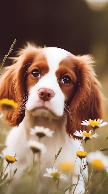 Pies w polu kwiatów