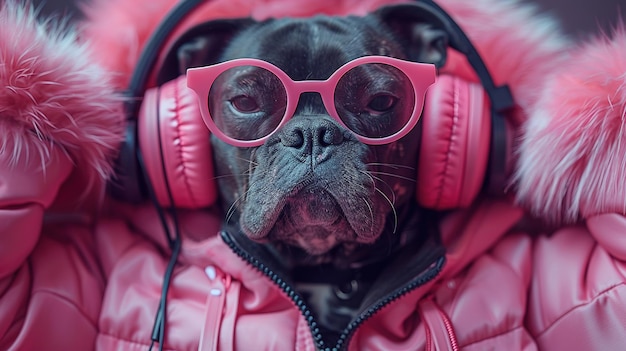 Pies w różowych okularach i słuchawkach w różowej kurtce słucha muzyki