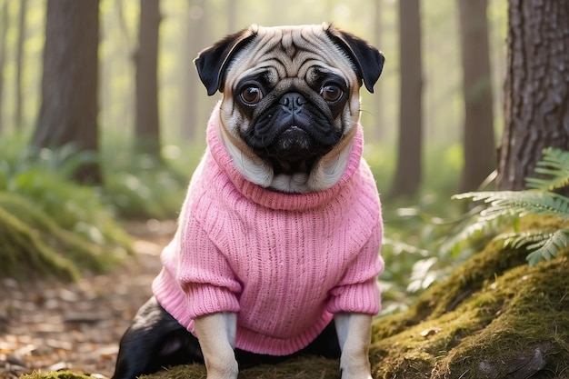 Pies w różowym swetrze siedzi w lesie.