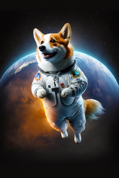 Pies w skafandrze kosmicznym unoszący się przed niebieską i pomarańczową planetą Generative AI