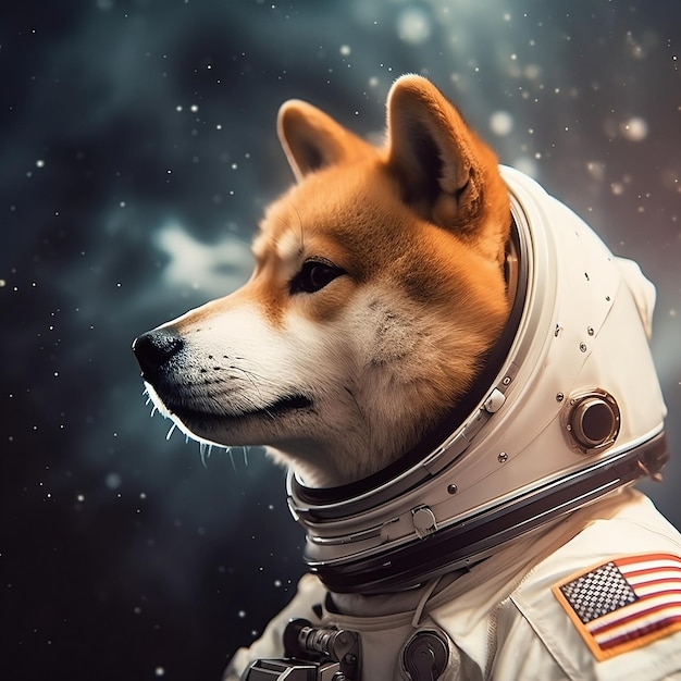 Pies w skafandrze kosmicznym z flagą.