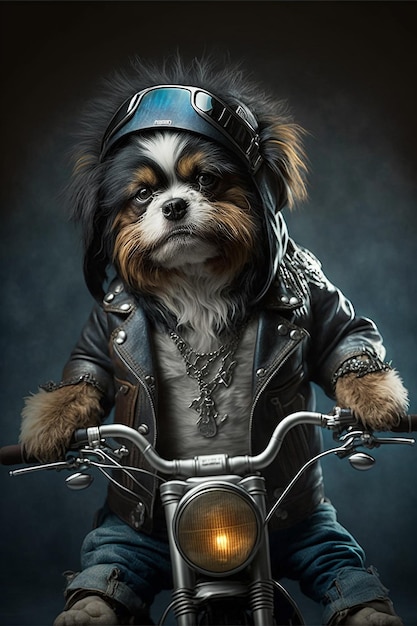 Pies w skórzanej kurtce i skórzanej kurtce siedzi na motocyklu.