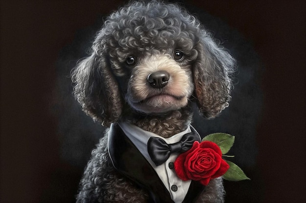 Pies w smokingu z kwiatkiem.