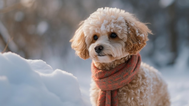 Pies w śniegu z szalikiem na szyi