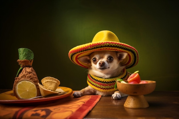 Pies w sombrero przy stole z meksykańskim jedzeniem