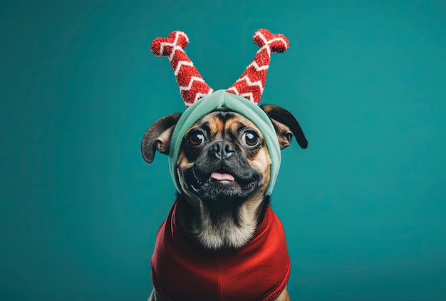 pies w stroju świątecznego rogu z rogami w stylu jasnego szmaragdu i ciemnego bursztynu