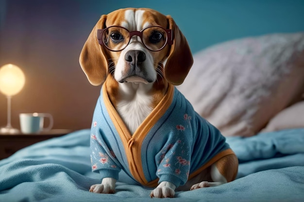 Pies w swetrze i okularach na łóżku z kocem Generative AI