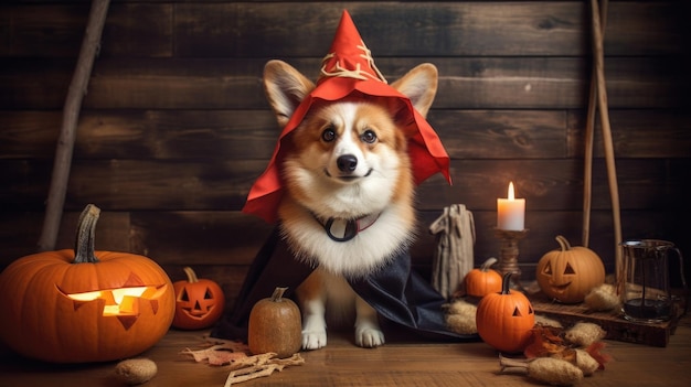 Pies w świątecznym kostiumie na Halloweenowe dynie i dekoracje świętowania Corgi na drewnianym tle wytwarzającym ai