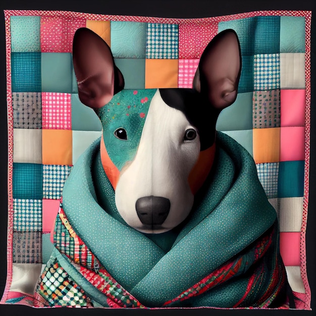 Pies w szaliku siedzi na kolorowej poduszce.