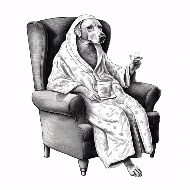 Zdjęcie pies w szlafroku siedzący w fotelu z filiżanką kawy widok boczny monochromatyczna ilustracja grawerowania