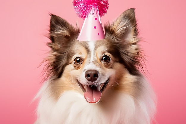 pies w urodzinowej czapce na różowym tle w studiu miejsce na tekst Obraz wygenerowany przez sztuczną inteligencję