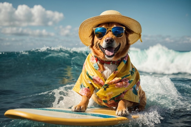 Pies w wielkim stylu podczas surfowania na plaży