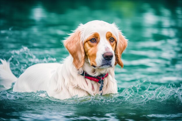 Pies w wodzie z czerwonym kołnierzem