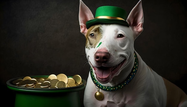 Pies w zielonym kapeluszu i zielonym kapeluszu obok wiadra ze złotymi monetami.