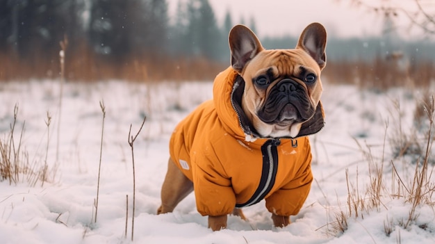 Pies w żółtym płaszczu stoi na śniegu