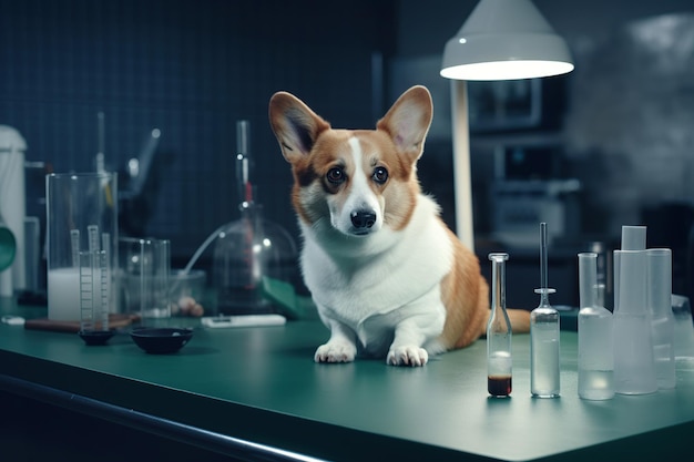 Pies WELSH CORGI w fartuchu medycznym w generatywnej koncepcji badań laboratoryjnych ai