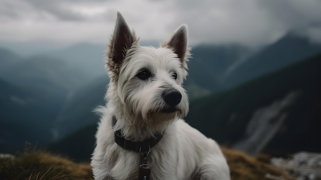 Pies west highland terrier siedzi na szczycie góry.