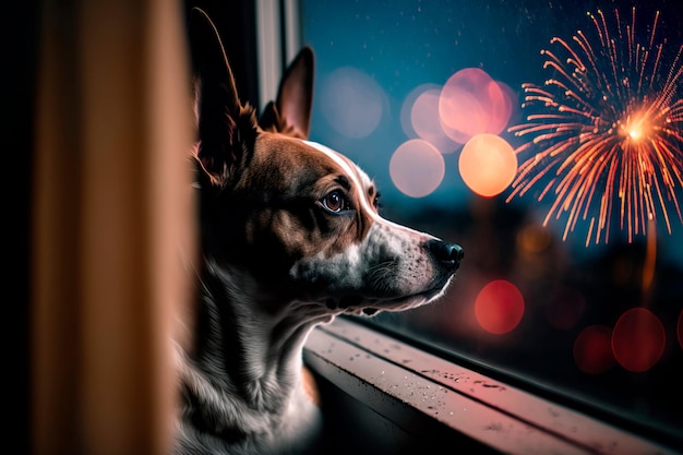 Pies wygląda przez okno i ogląda fajerwerki Generative AI