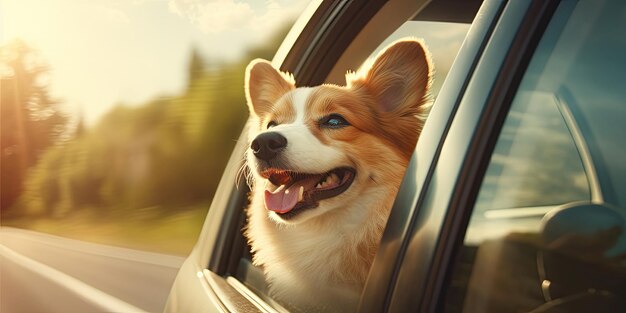 Pies wyglądający przez poruszające się okno samochodu na drodze