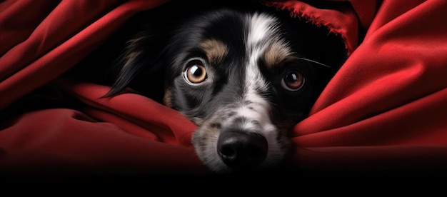 Pies wyglądający z pod czerwonym kocem