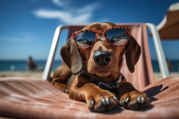 Zdjęcie pies wyluzowany jamnik odprężający się na wakacjach na plaży generacyjna ai