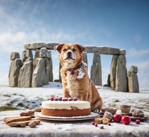 Pies z ciastem na tle Stonehenge w śniegu