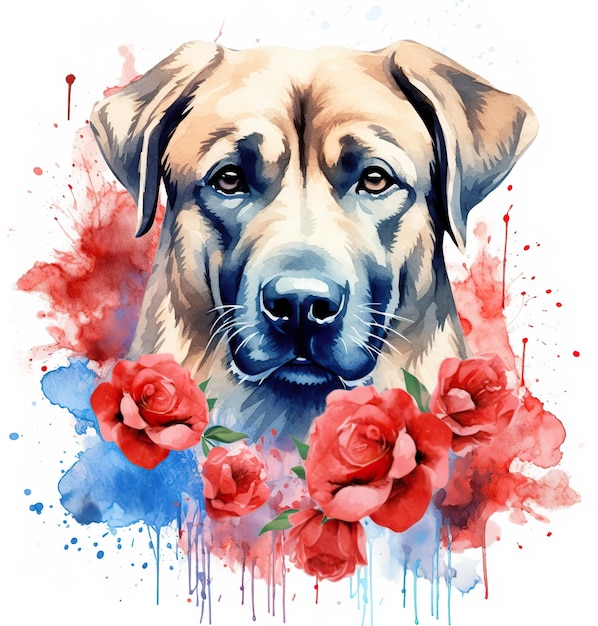 Pies z czerwonymi kwiatami na nim